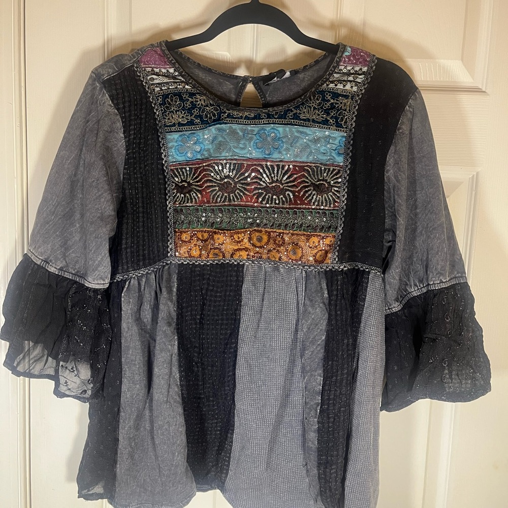 Young Threads Cotton Patchwork Embellished Bell Sleeve Top